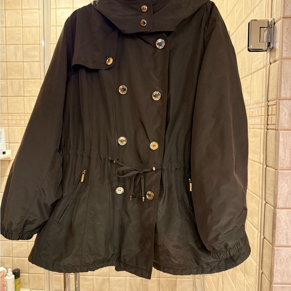 Michael Kors Olive Green Double-Breasted Hooded Rain Jacket With Gold Hardware